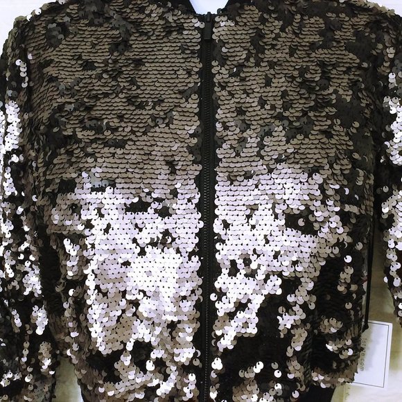 NWT 1-State Glam Rock Metallic Flip Sequin Bomber Jacket -XS Ringer Bronze Black - Picture 3 of 11